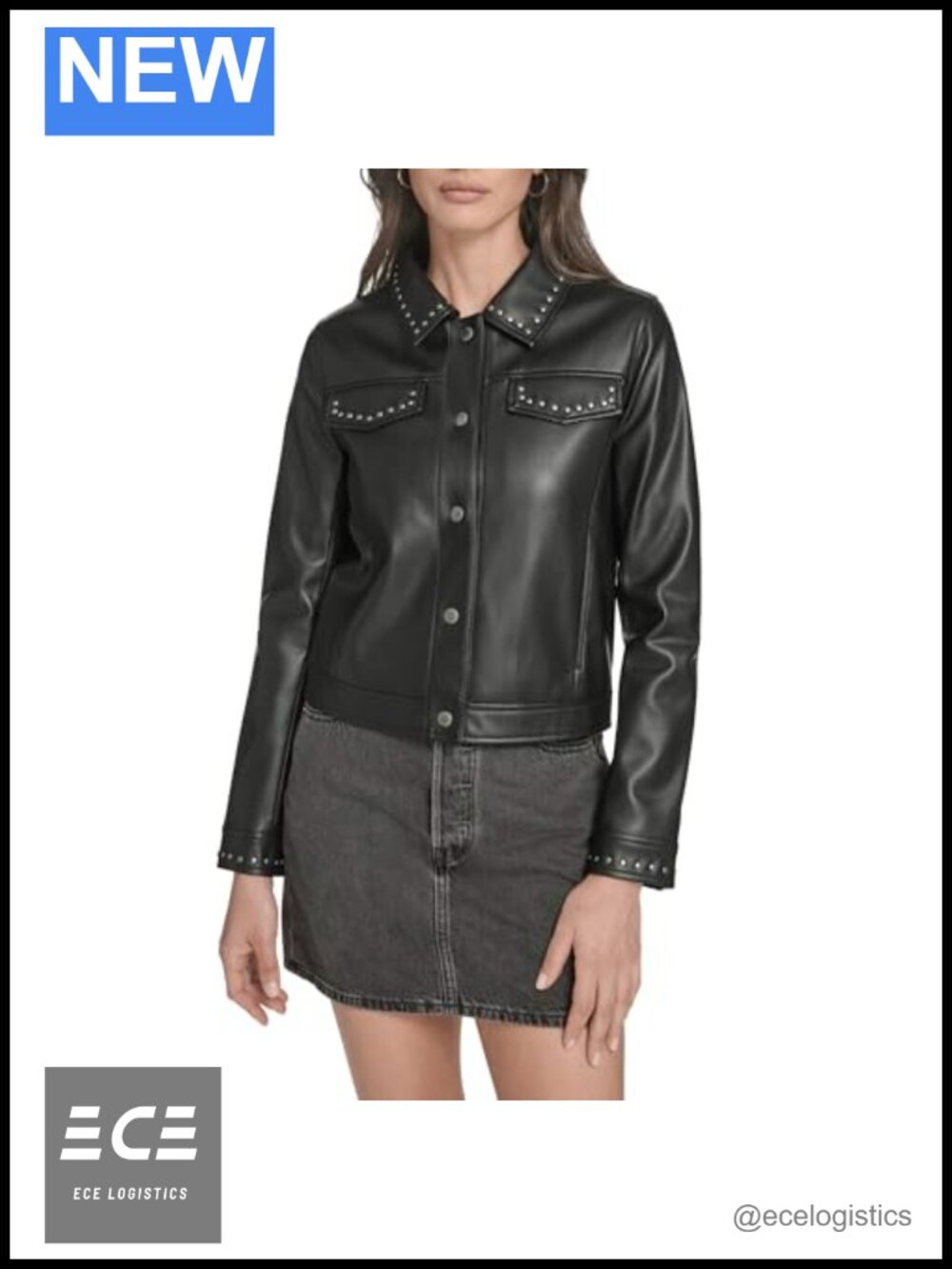 Faux Leather Studded Laydown Collar Snap Jacket Puff Sleeve